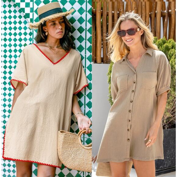 NWT Cupshe Beach Cover Up - Lace Trim Mini & Khaki Collared Dress Bundle Sz S - Picture 1 of 9